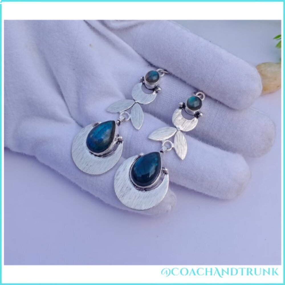ARTISIAN Labradorite Larimar Natural Stones Silver French Hook Earrings - Picture 4 of 6